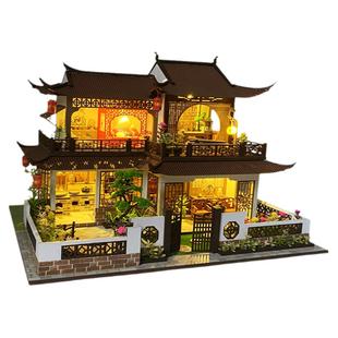 美代西溪花间小屋送礼榫卯积木中国风木质手工拼装玩具模型房子女