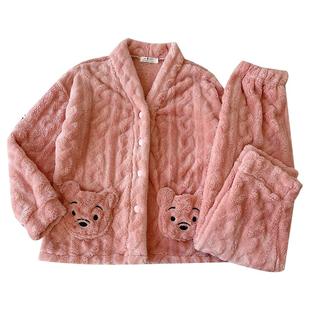 睡衣女冬珊瑚绒加绒加厚保暖长毛绒秋冬季韩版长袖大码家居服套装