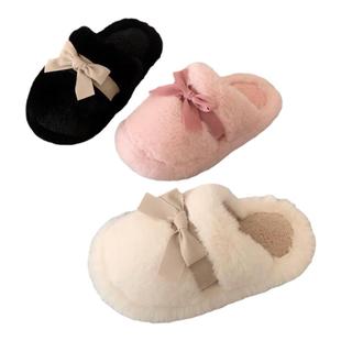 细细条 室内休闲防滑秋冬网红毛毛拖鞋韩系蝴蝶结仙女风棉拖鞋女