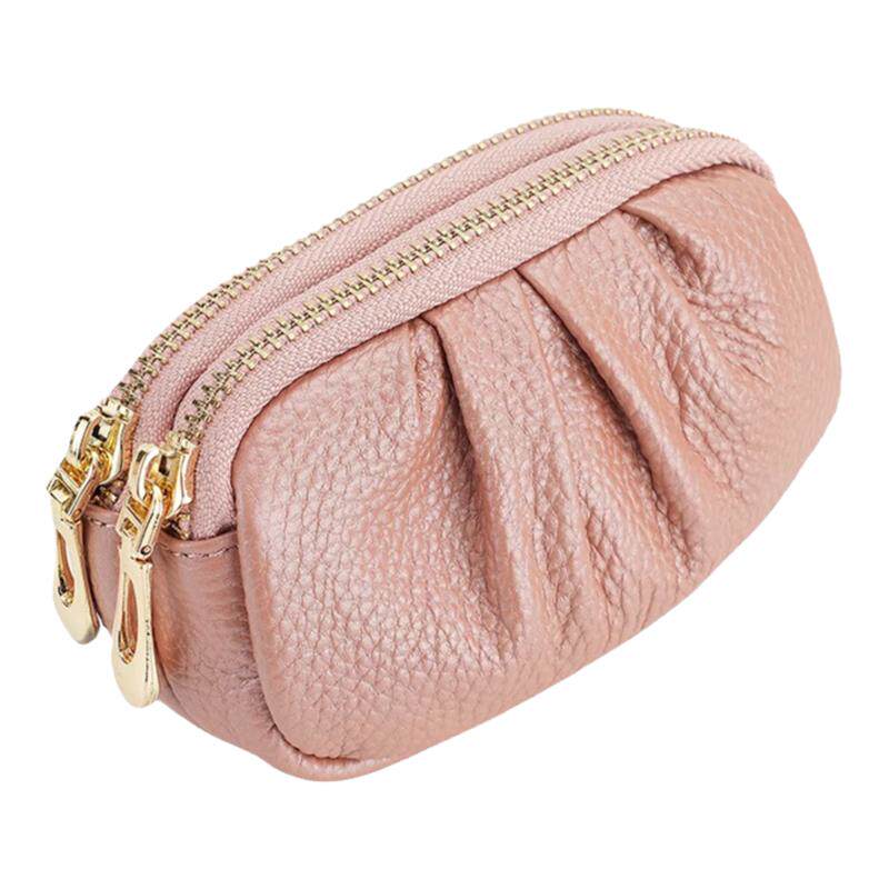 迷你零钱包女高级感双层拉链褶皱手拿小包真皮小钱包多功能硬币包