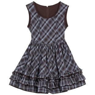 KEIKO法式褶皱花边格子无袖连衣裙夏季可露丽复古显瘦U领背心短裙