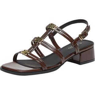 百思图2025夏季新款时尚潮流复古风罗马凉粗跟女凉鞋B5378BL5