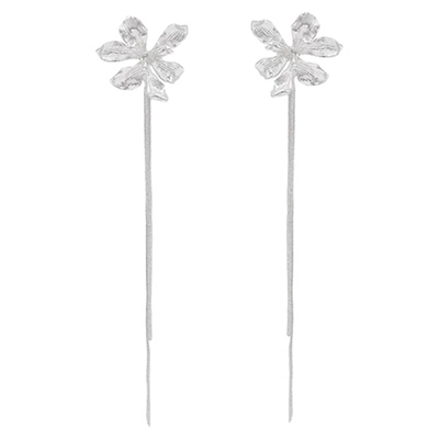 「跌入花园」原创银色长款流苏鸢尾花耳饰蚊香盘耳夹女耳环耳钉银