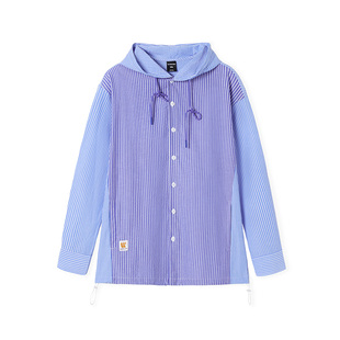 韦恩泽维尔大码蓝色条纹连帽衬衫男长袖秋季宽松cityboy休闲8889