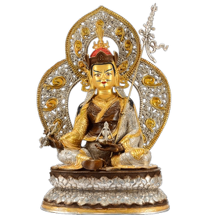 欧斯特 莲花生大师铜像摆件 西藏铜镀金鎏银15寸带背光玄关新中式