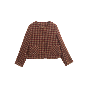 忘城T391座/四时俱喜/早秋仿羊毛手感涤纶呢红咖格文艺小香风外套