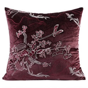 珑衍家居法式中国风红紫色真丝绒刺绣靠垫抱枕样板房酒店方枕腰枕