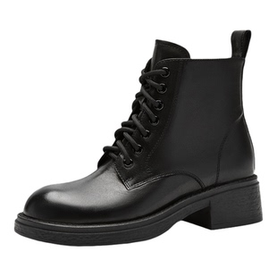 Nine West/玖熙系带侧拉链真皮马丁靴女粗跟秋冬复古通勤百搭短靴