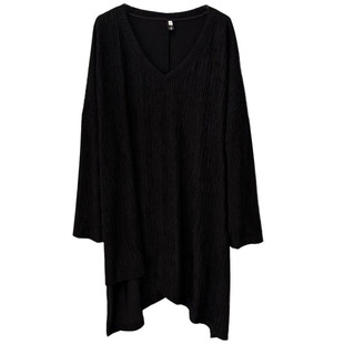 300斤休闲不规则肌理感上衣胖莹莹大码女装春季长款开叉长袖T恤衫