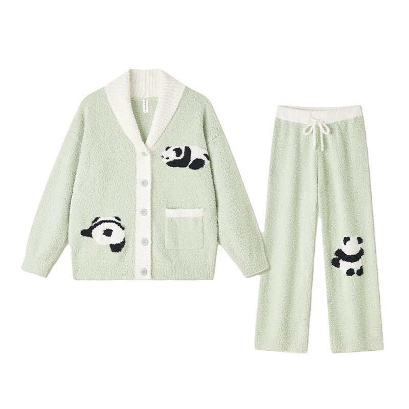 HEARMES 半边绒睡衣女冬季小清新熊猫加厚可外穿珊瑚绒家居服套装