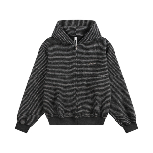 ATRY条纹连帽卫衣男秋冬休闲宽松美式情侣拉链帽衫毛领开衫外套女