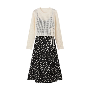 Basic House/百家好长袖镂空针织衫碎花吊带长裙两件套装2026春