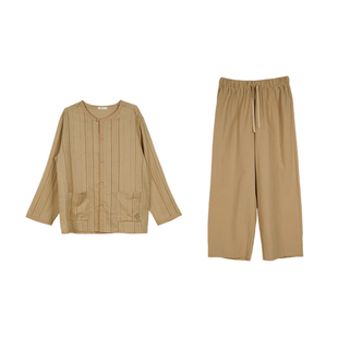 朵朵可可2026春夏优质提花棉麻睡衣男简约圆领长袖条纹家居服套装