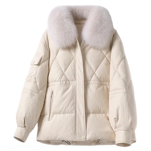 羽绒服女短款韩版宽松米白狐狸毛领2025新款海宁真皮白鸭绒女外套