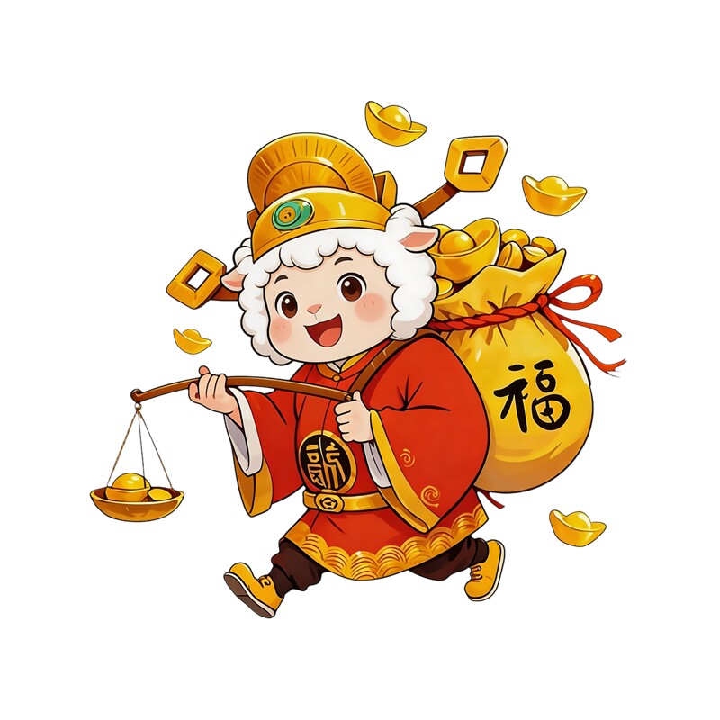 卡通财神小羊墙贴扛钱袋贴纸挑金元宝国潮风新春招财装饰自粘贴画