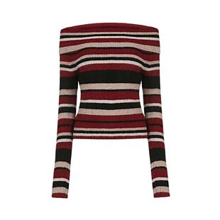 【商场同款】sdeer圣迪奥女一字领撞色条纹宽松针织衫S25483526