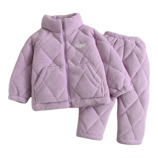 冬季儿童珊瑚绒加厚保暖家居服套装三层夹棉外穿睡衣休闲亲子款