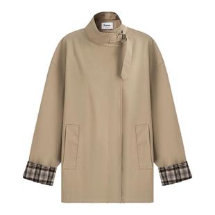 范洛Fano 英伦风范袖口撞色格纹拼接中长款金属四合扣风衣外套女