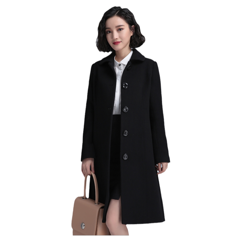 诗璐雅黑色工作服中长款呢子大衣