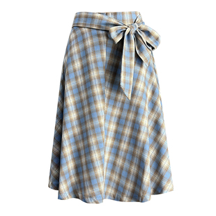 中长款蓝色格子半身裙A字裙女2026高腰素雅松紧腰侧拉链大摆裙