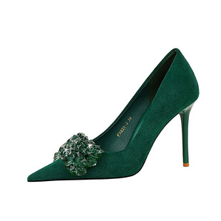 绝美高跟鞋绿色女职场秋冬细跟绒面超浅口尖头水钻蝴蝶结单鞋大码