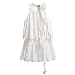 森系绿色挂脖上衣水母花苞短裙女套装2026夏季新款公主蓬蓬连衣裙