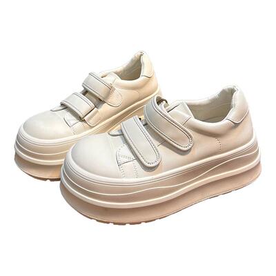 欧货真皮厚底松糕小白鞋女百搭魔术贴大头面包鞋增高运动休闲板鞋