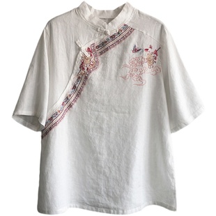 棉麻短袖T恤女2025夏季新款宽松绣花百搭复古文艺大码民族风上衣