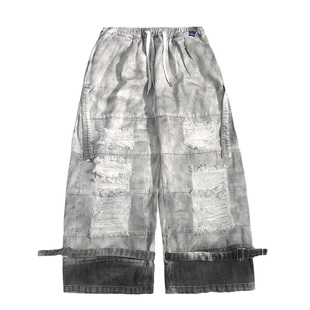 UUCSCC嘻哈高街宽松泥染工装阔腿长裤潮牌复古vtg做旧水洗牛仔裤