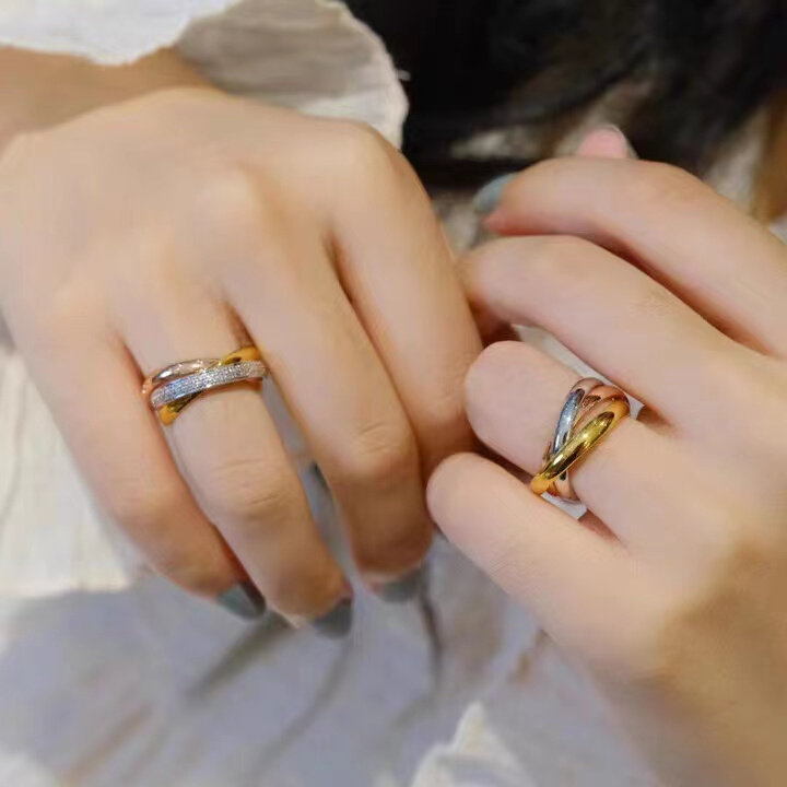 高档珠宝三环三色戒指女18K玫瑰金小众轻奢简约款潮男士情侣对戒
