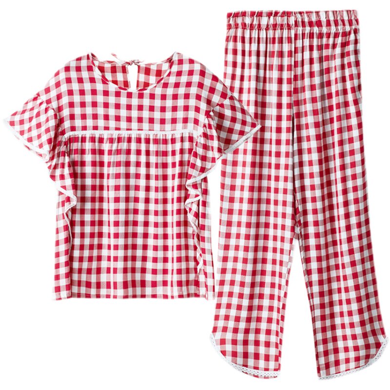 【清仓直降】超柔棉睡衣女夏季短袖长裤家居服套装红色格子本命年