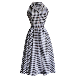 juju定制黑白格子裙复古衬衫领无袖连衣裙高腰显瘦大摆裙赫本风夏
