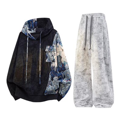 WASSUP SAIDD扎染拼接连帽宽松卫衣套装男秋冬季设计感美式长裤潮