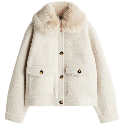 HM女装短外套冬季毛茸领简约保暖宽松长袖开衫短款大衣1250910