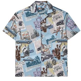 FILA斐乐男子短袖衬衫2024夏新款休闲宽松满印外套