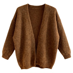 短款慵懒风软糯显白棕色毛衣女宽松V领针织开衫外套棕色上衣外套