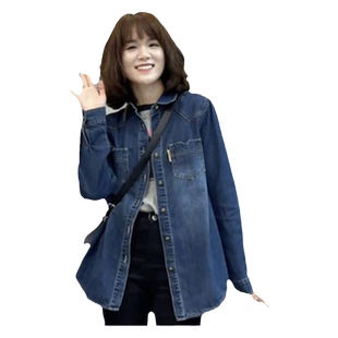 2024秋冬新款加绒牛仔衬衫女中长款叠穿宽松休闲加厚打底衬衣外套