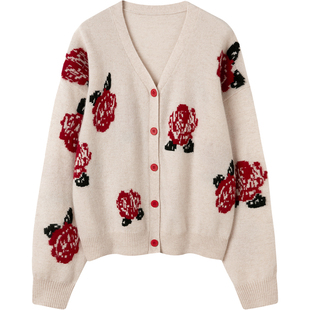 冬凤凰〓绒+〓 红色玫瑰花v领廓形羊绒毛衣开衫女2024冬