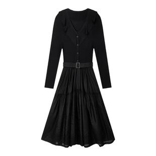 佧茜文气质天丝连衣裙潮流秋季新款黑色V领荷叶边拼接中长裙女