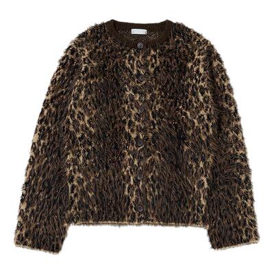 MOUSSY 冬季新品复古风豹纹软糯毛绒针织开衫女010IA370-3941