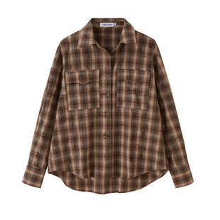 DIDDI MODA 复古做旧口袋印花格子衬衫外套上衣早秋女装2025新款