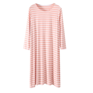秋冬莫代尔纯棉女九分袖睡裙中长裙宽松加大码长袖条纹睡衣家居服