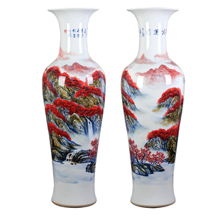 景德镇陶瓷手绘釉里红青花山水落地大花瓶家居客厅装饰摆件送礼品