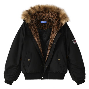 悟空有货冬季潮牌豹纹内里座山雕连帽棉服男复古宽松保暖情侣棉衣