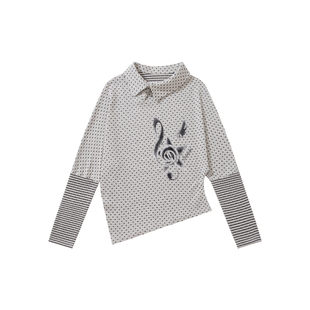 local aliens外星沙龙复古波点拼接条纹长袖t恤不规则内搭上衣