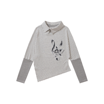 波点拼接条纹不规则长袖t恤上衣