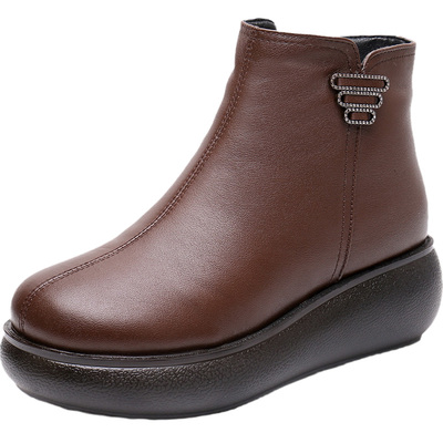 冬季厚底中年妈妈短靴女坡跟加绒棉鞋真皮靴子头层牛皮女鞋子大码