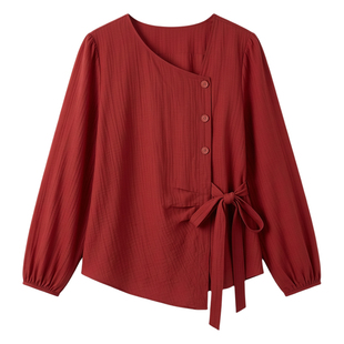 绮娑不规则红色套头小衫女春装春季新款收腰显瘦大码胖MM衬衫上衣