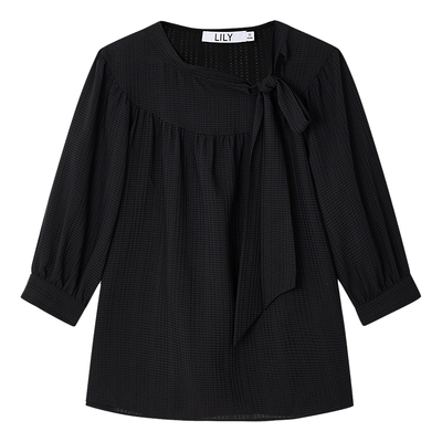 LILY设计感七分泡泡袖法式雪纺衫