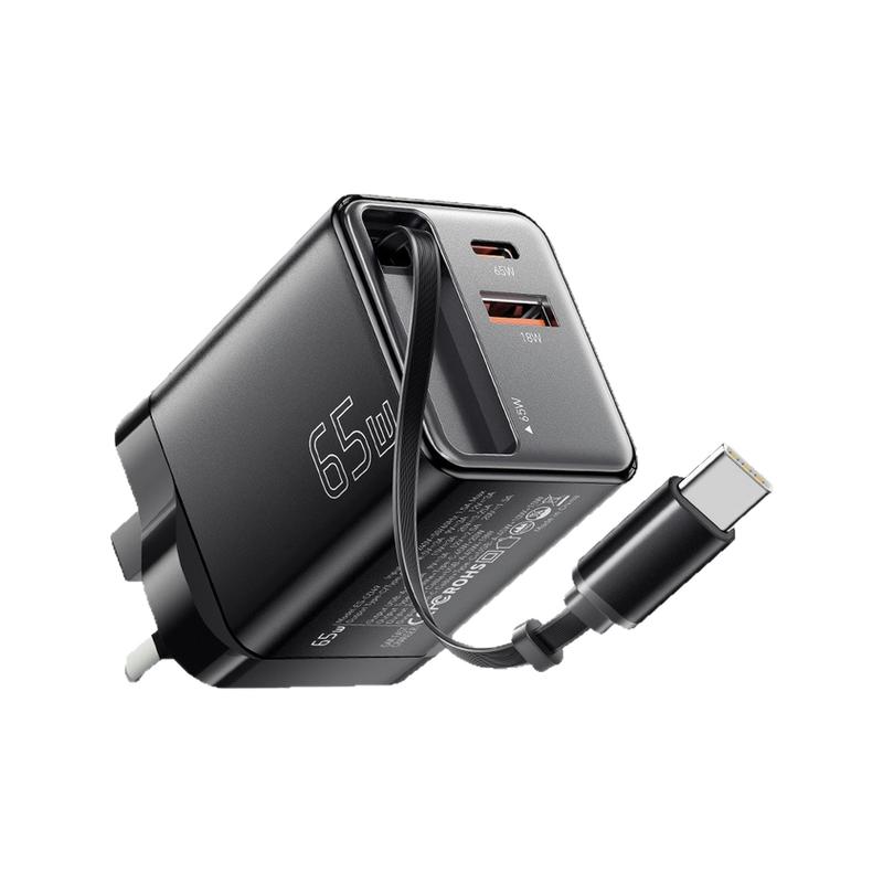 ESSAGER港澳版UK氮化镓65W GaN charger Quick自带伸缩充电线适用于苹果17/16平板电脑手机typec充电器火牛